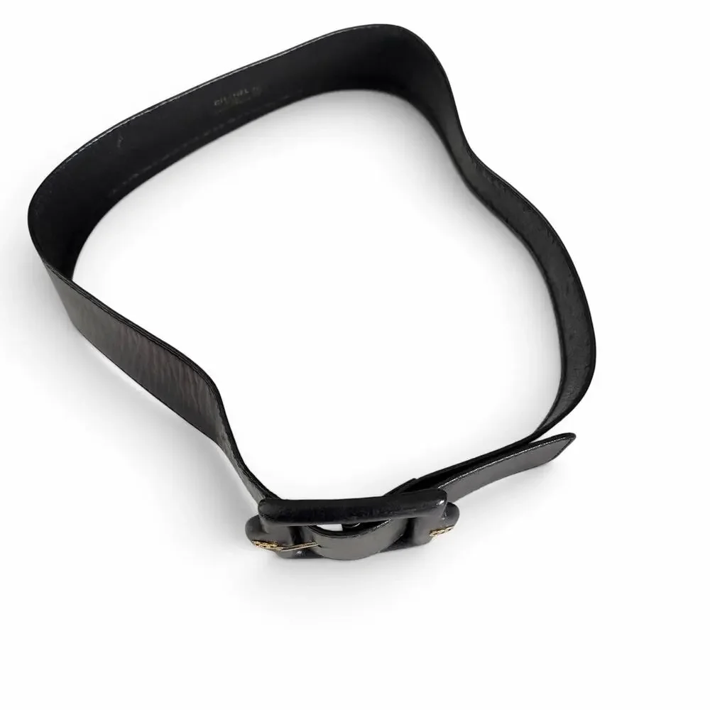 Chanel Vintage 90s Wide Black Leather Belt Gold CC Logo Hardware France